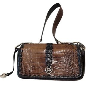 BRIGHTON Brown Leather Bag, Black Leather Trim, Iconic Hearts, Nickel Hardware